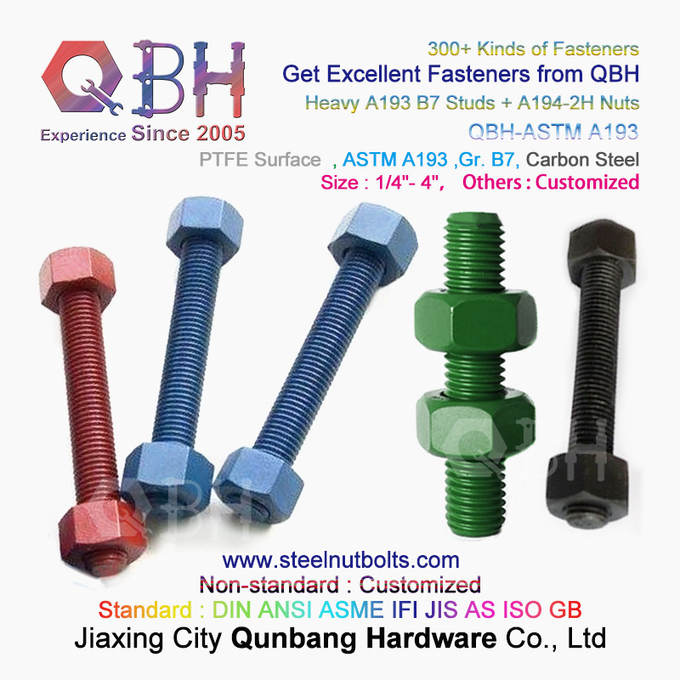 QBH PTFE 1070 Красный/Синий/Черный/Зеленый с покрытием 1/4"-4" ASTM A193 B7 Болт с резьбовым стержнем и толстой шестигранной гайкой A194-2H 3